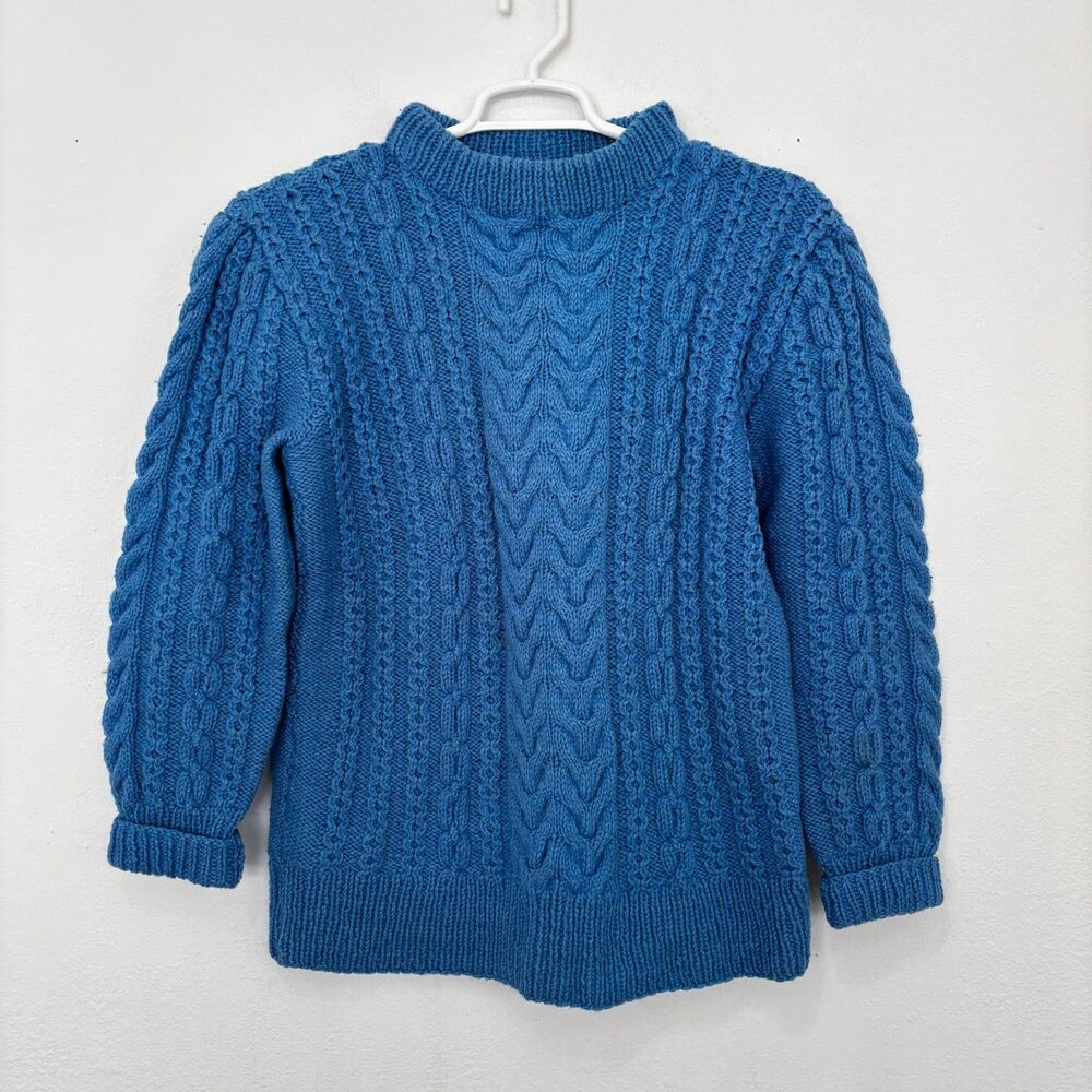 Aran Blue Fisherman Cable Knit Wool Sweater Medium CabinCore Heritage Rustic